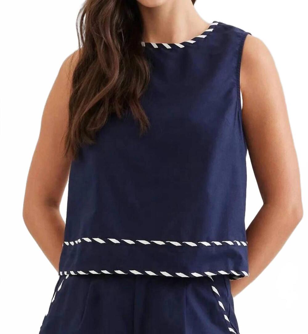 NEW ENTRO sleeveless contrast whipstitch trim detail top in navy
